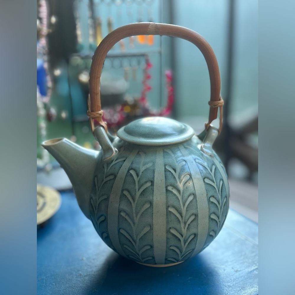 Judy Weeden Signed Studio Pottery Teapot 🇨🇦 Hand-Carved Blue-Green Canadian Art